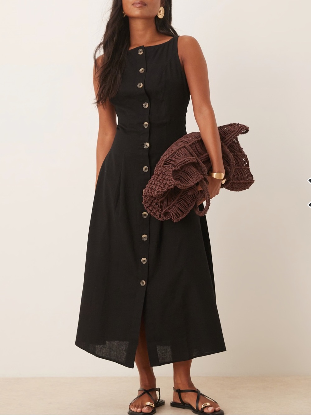 ASOS DESIGN button down midi vest dress in black Cotton/Linen Blend Size 6 NWT